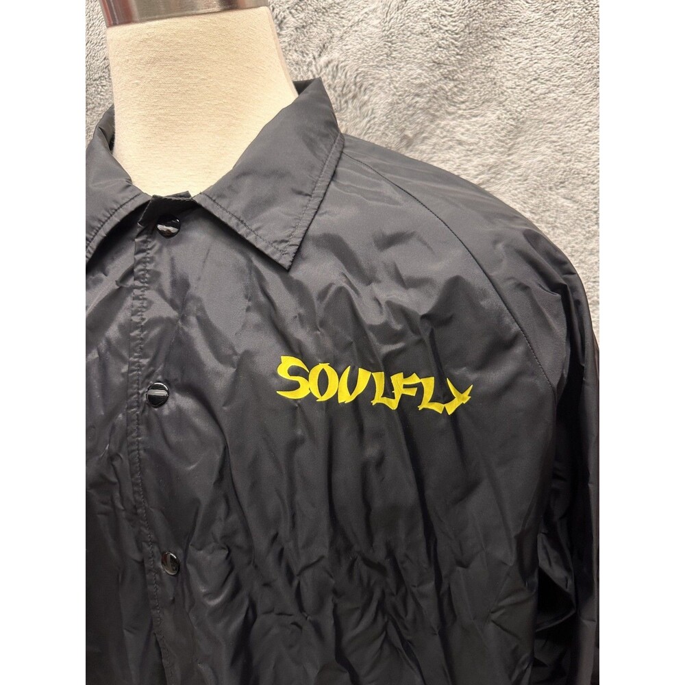 Vintage y2k windbreaker Jacket SOULFLY FIRE Flames Black Snap Nylon 2XL - Picture 2 of 10